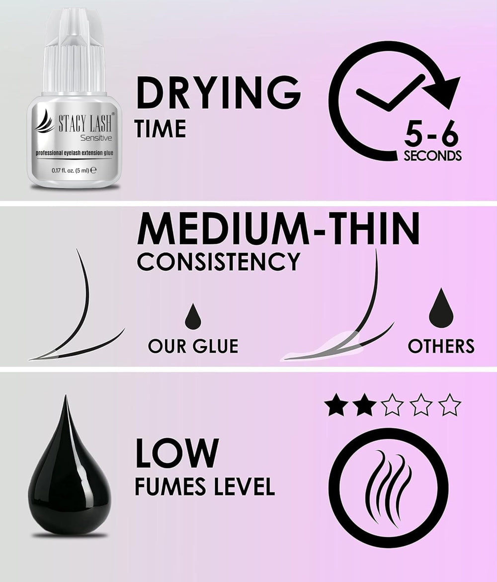 STACY LASH Sensitive drying time of 5-6 seconds during lash work.