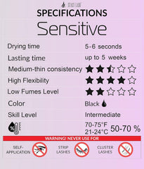 STACY LASH Sensitive low fumes label closeup for client comfort.