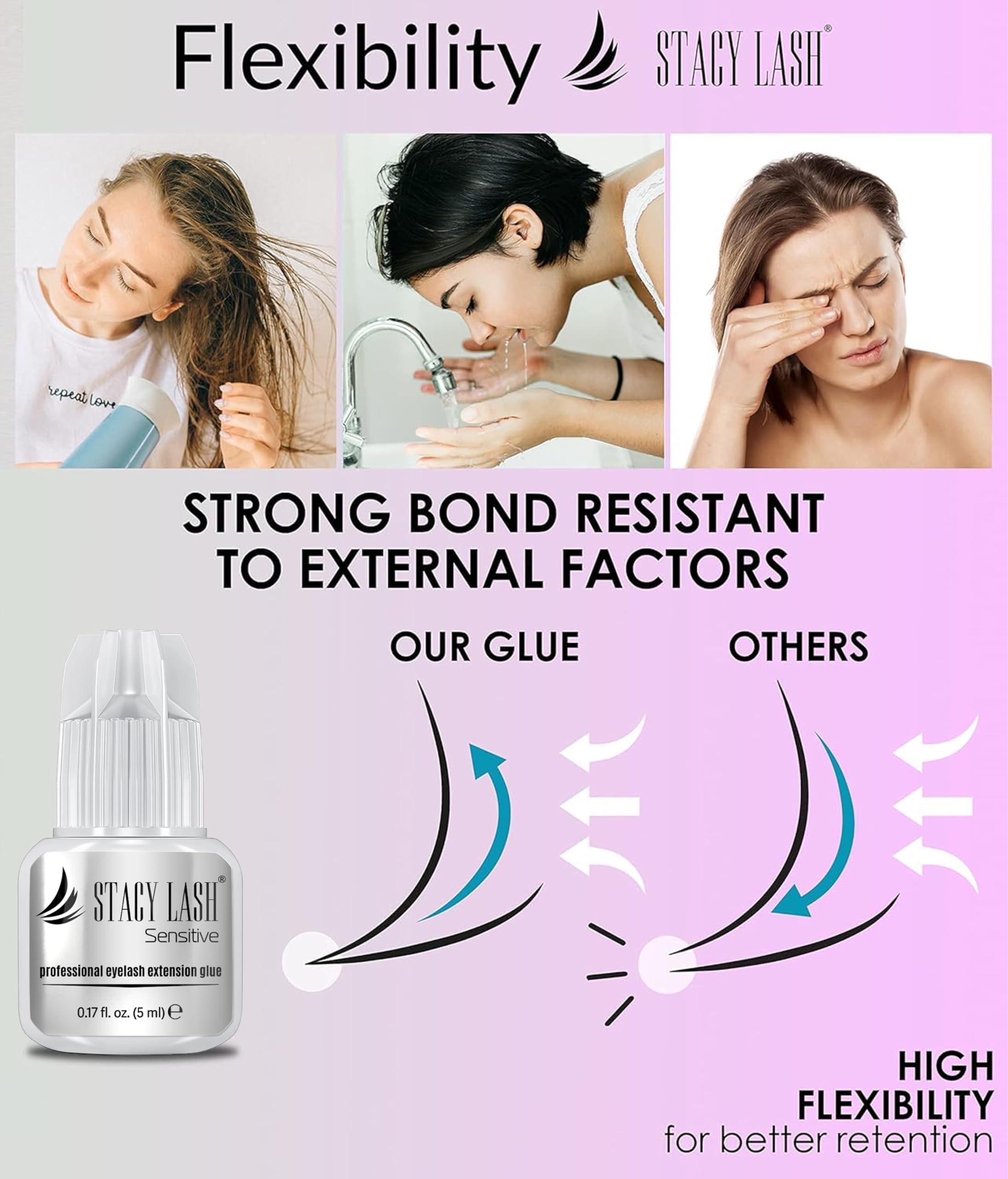 STACY LASH Sensitive retention up to 4-5 weeks for reliable bonding.