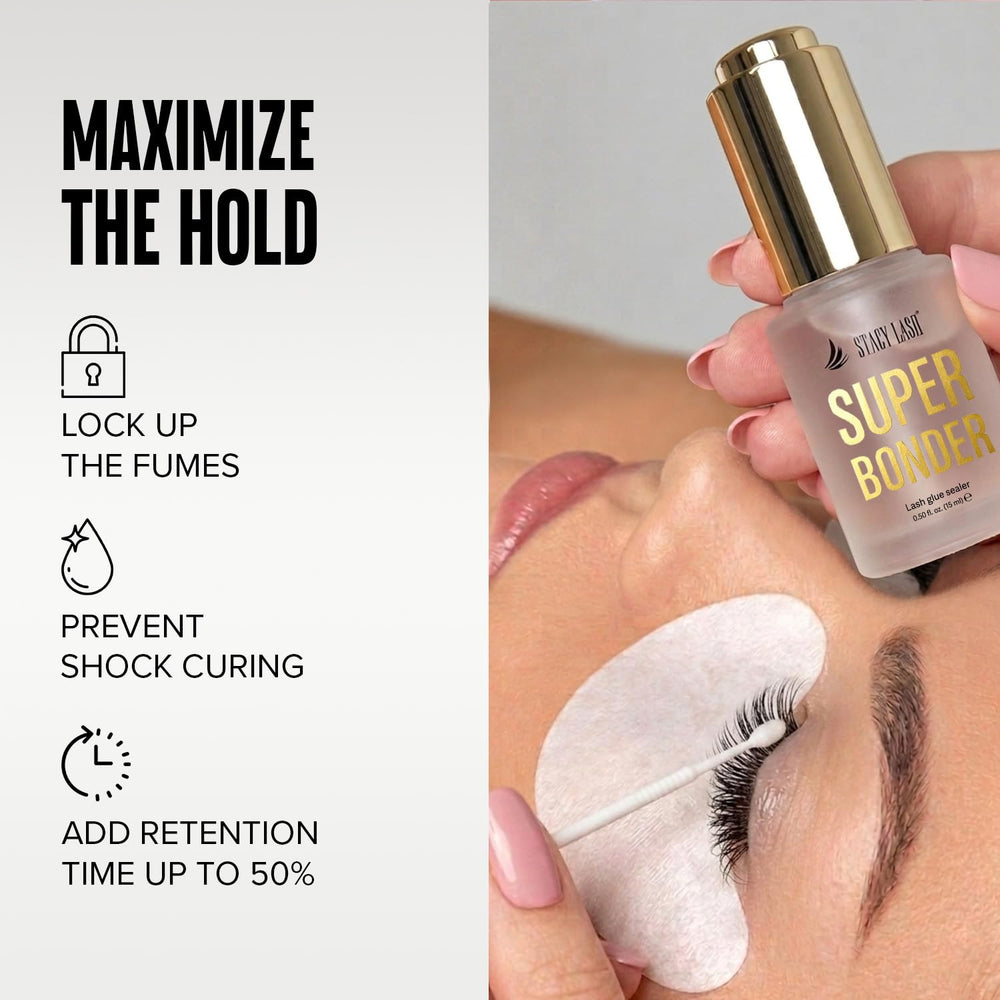 STACY LASH Super Bonder sealing formula demonstrates secure lash adhesion.