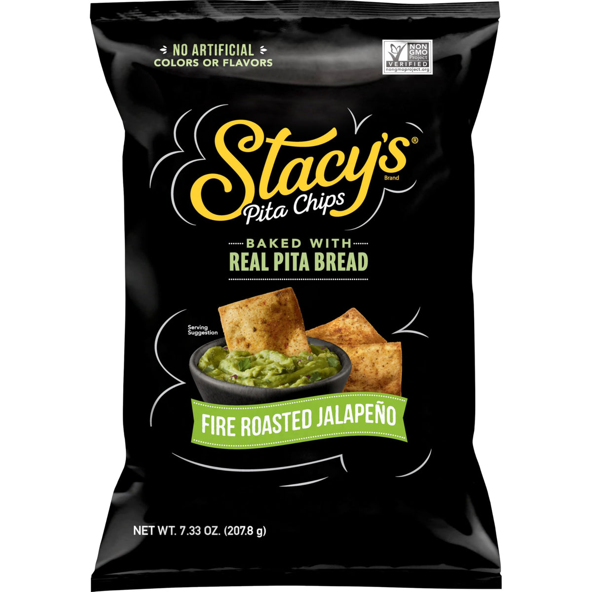 Stacy’s Fire Roasted Jalapeño pita chips bag front shows bold flavor and crisp texture.