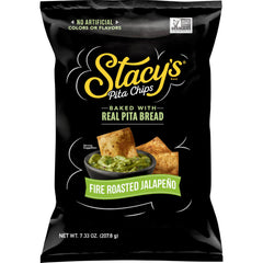 Stacy’s Fire Roasted Jalapeño pita chips bag front shows bold flavor and crisp texture.