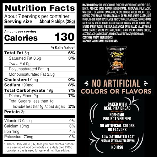 Stacy's Multigrain Pita Chips ingredients panel highlighting wholesome grains.