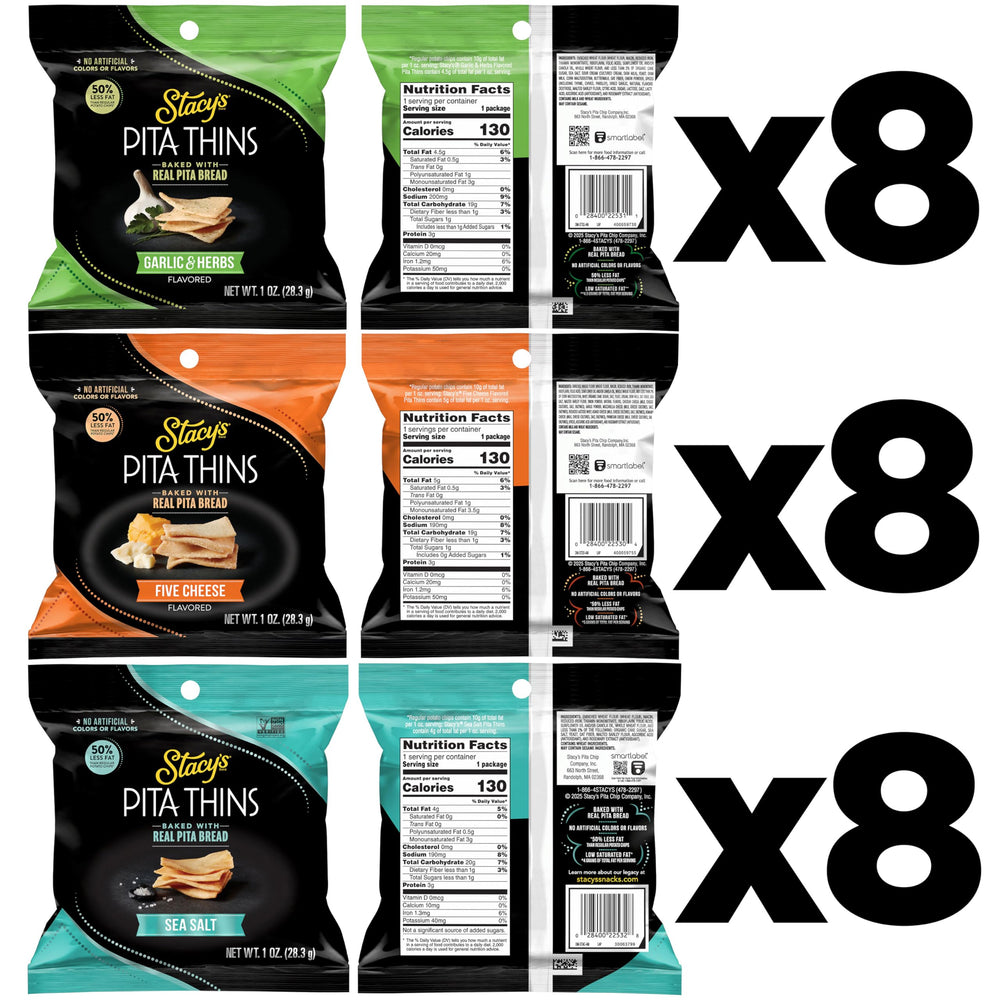 Stacy's Pita Thins Five Cheese close-up, flaky texture pairs with cheese boards.