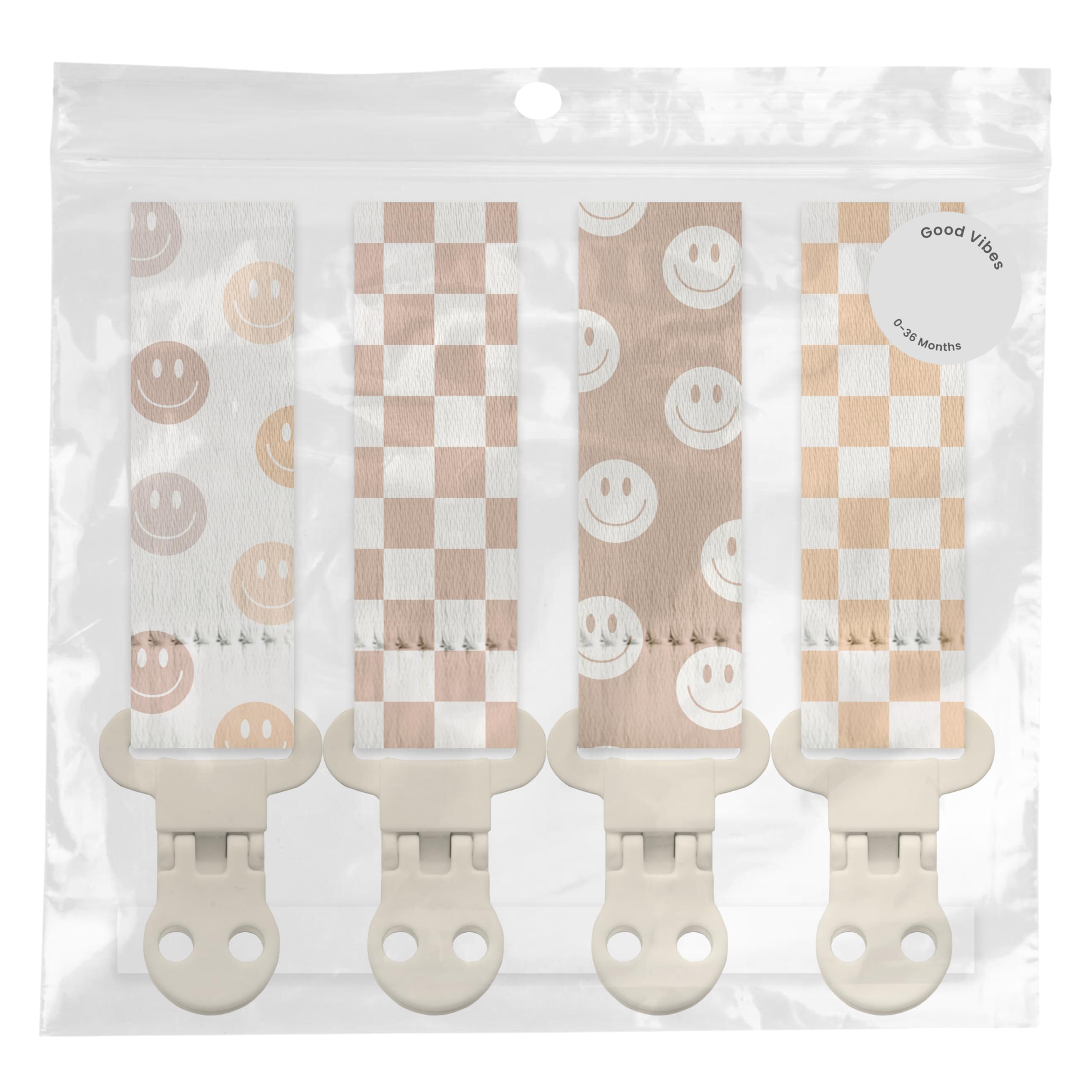 Strong plastic clasp secures pacifiers without snagging