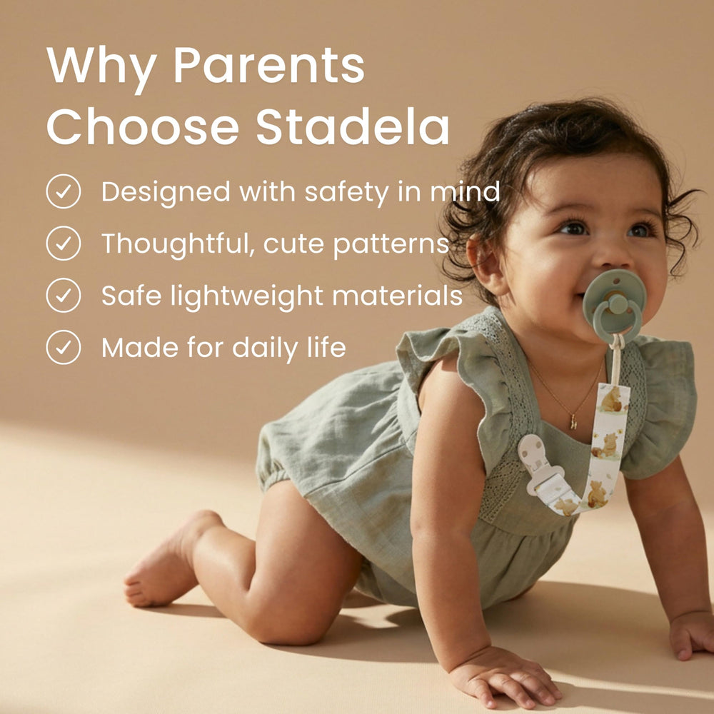 Stadela safety-clasp pacifier clip quick open design.