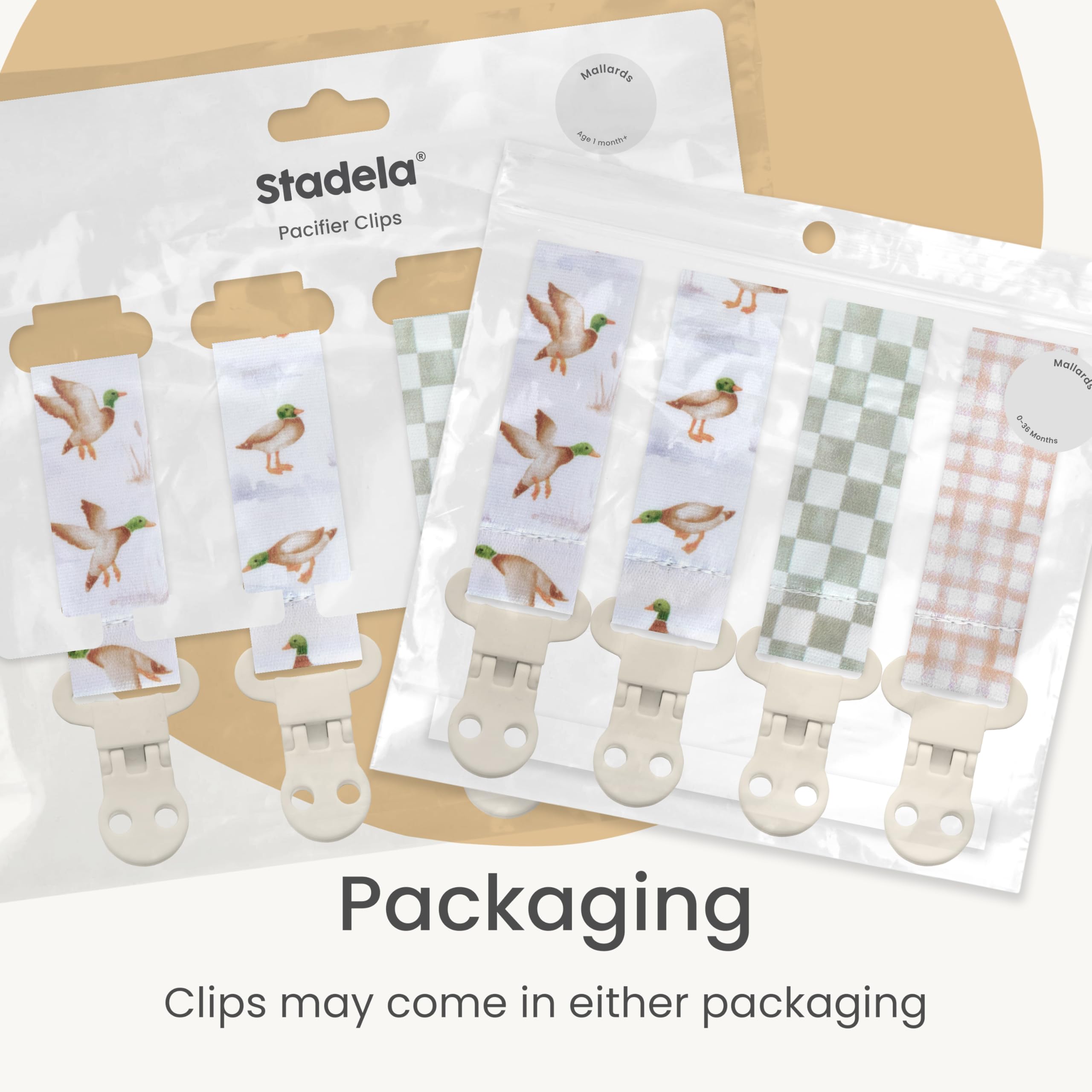 Stadela pacifier clip soft ribbon for gentle fabric contact.