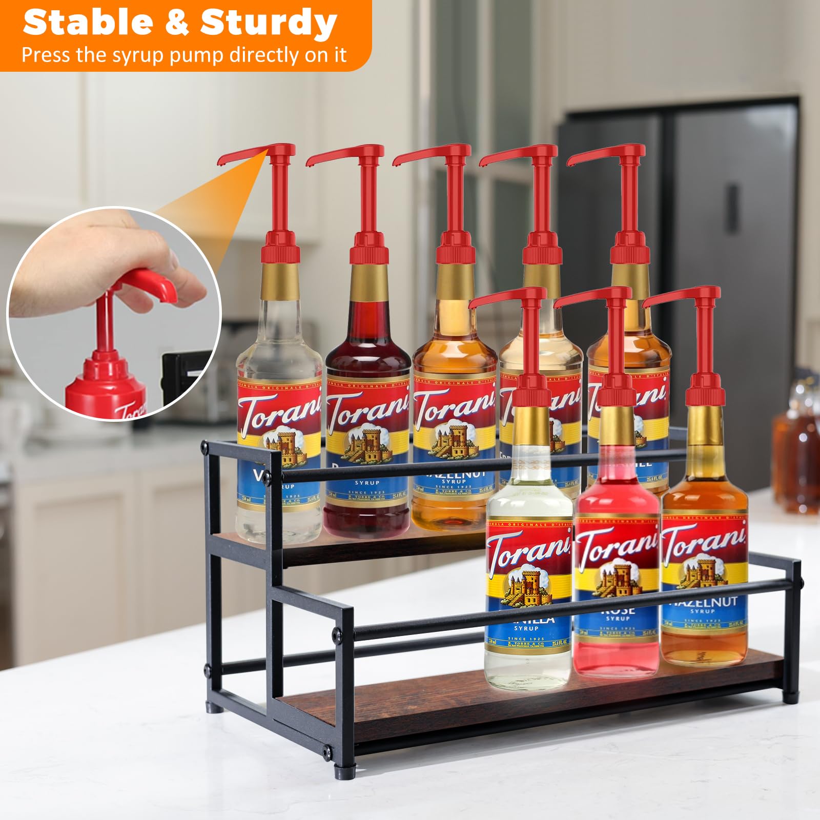 STAEVER Wooden Syrup Rack showcases rustic wood finish for kitchen or cafe display