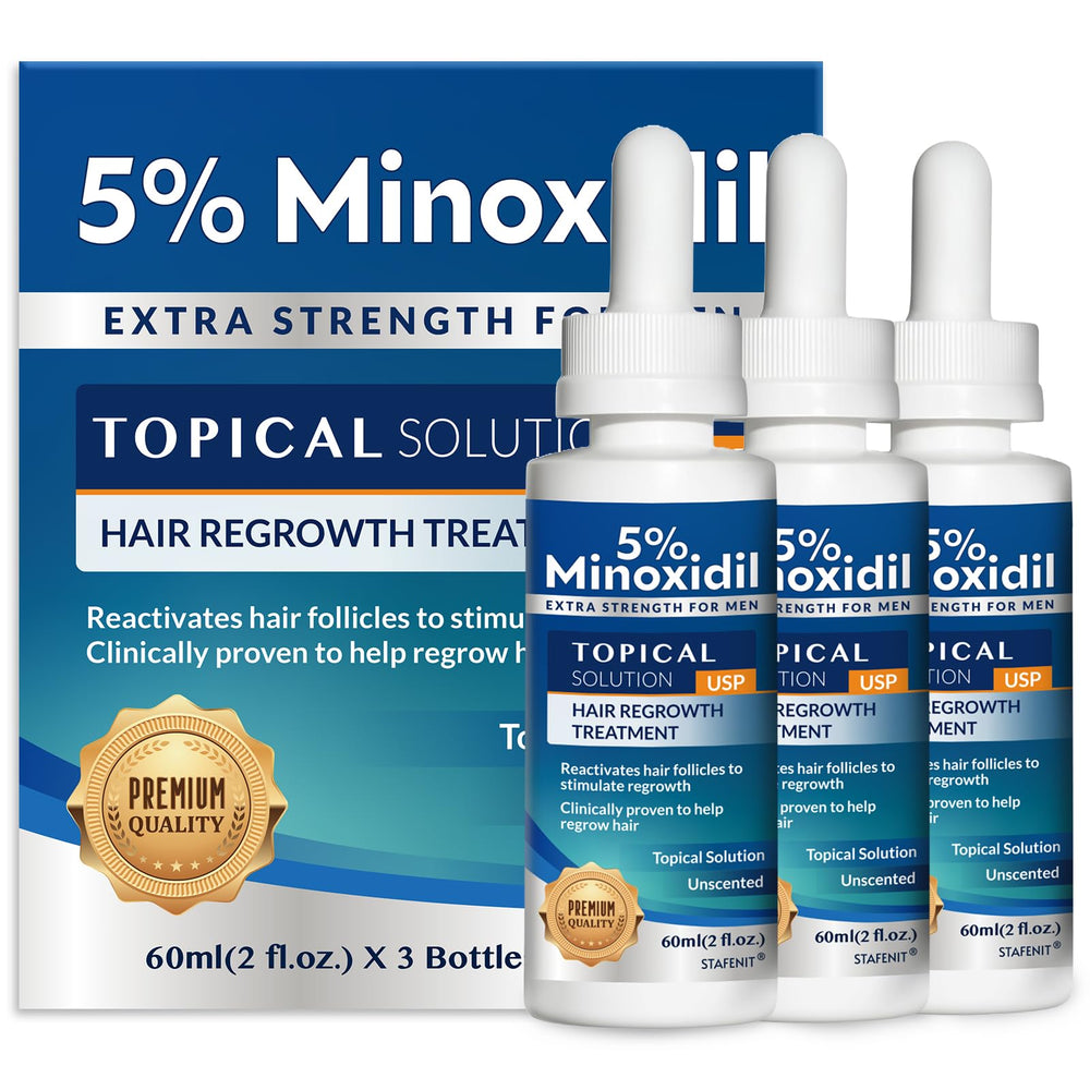 Stafenit 5% minoxidil serum bottle front view for targeted scalp care and density