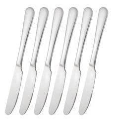 Stainless steel butter knife set 6 on table for everyday dining.