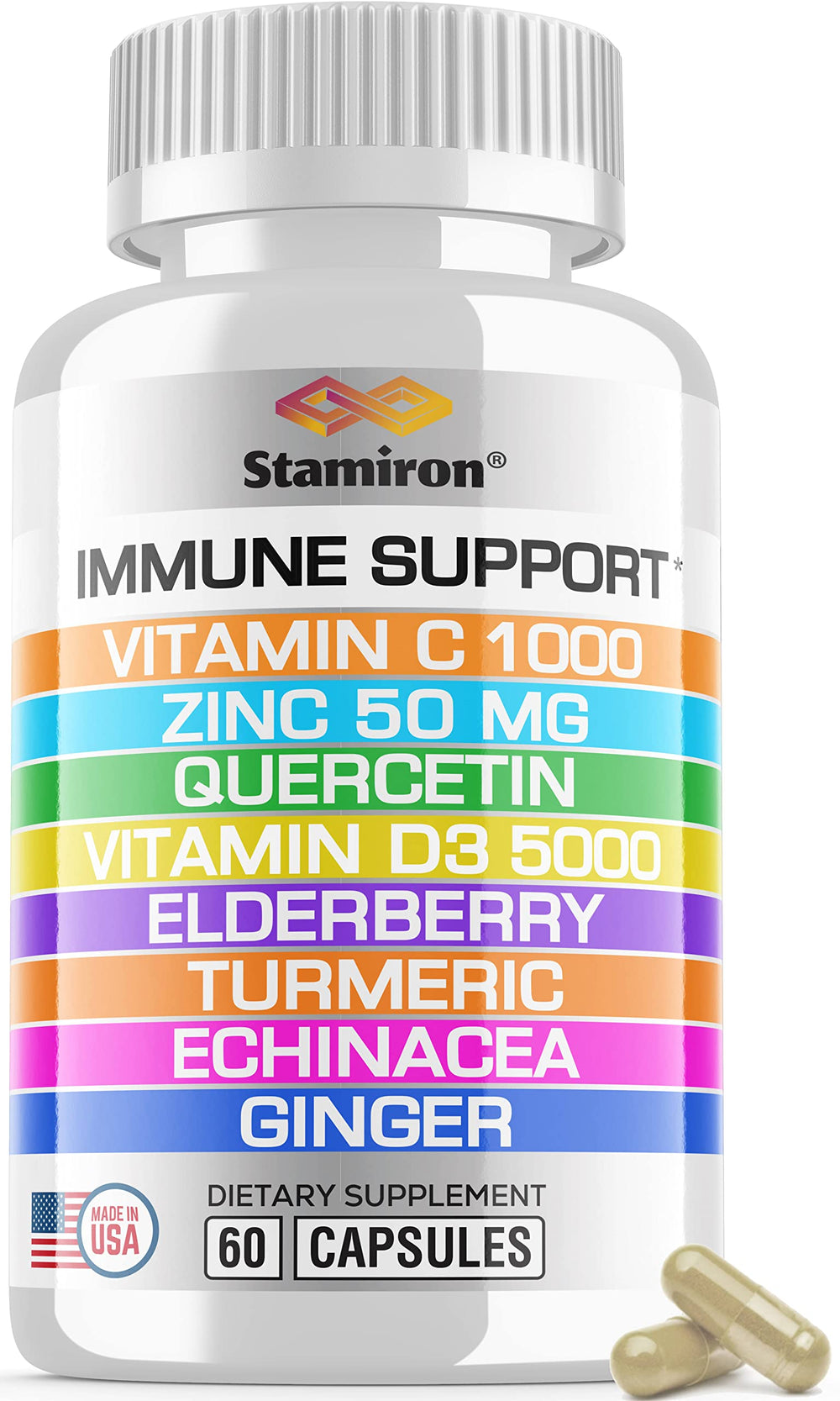 Stamiron 8-in-1 immune bottle front highlights vitamin D3 and C for daily support