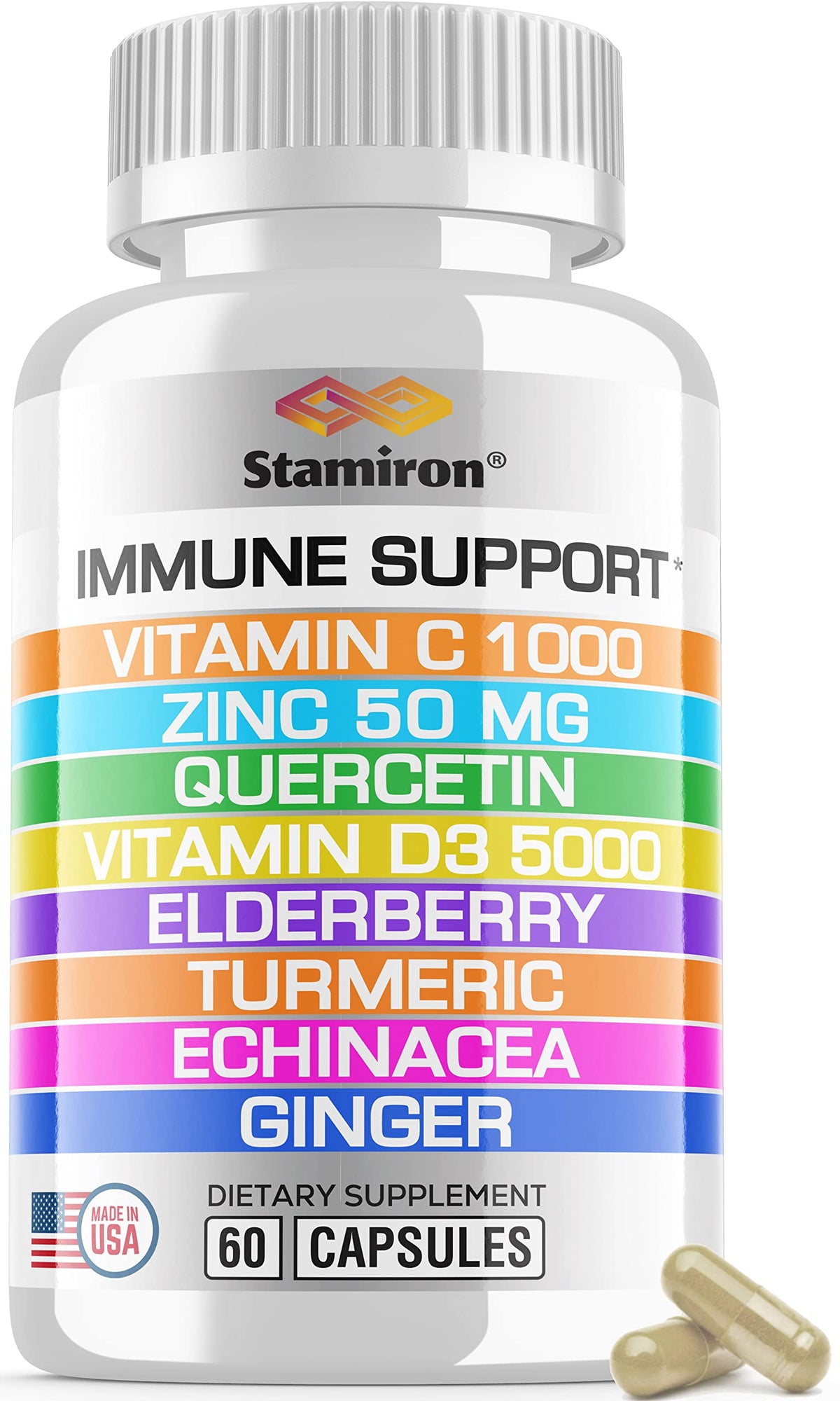Stamiron 8-in-1 immune bottle front highlights vitamin D3 and C for daily support