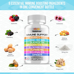 Stamiron 8-in-1 immune bottle side shows zinc blend for better nutrient absorption