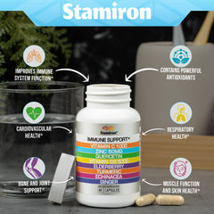Stamiron 8-in-1 immune capsules closeup emphasizes quercetin and elderberry benefits