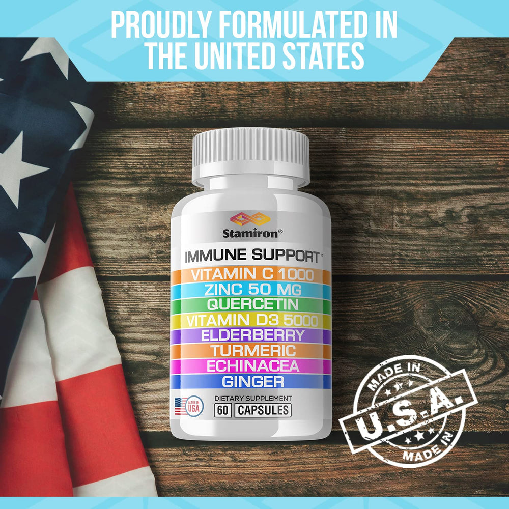 Stamiron 8-in-1 immune label closeup displays dosage and bottle details