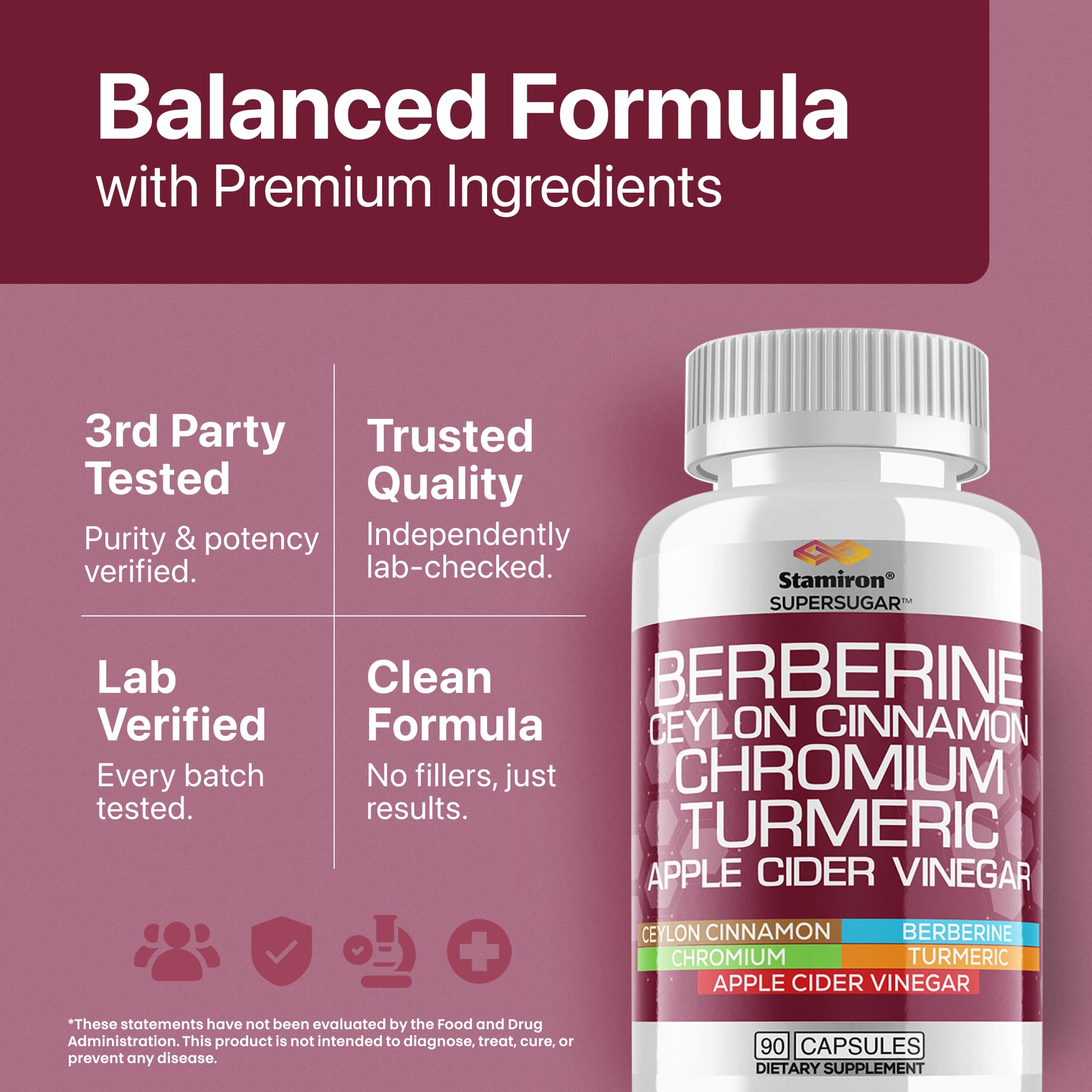 Stamiron Berberine Complex botanicals collage featuring turmeric and apple cider vinegar.