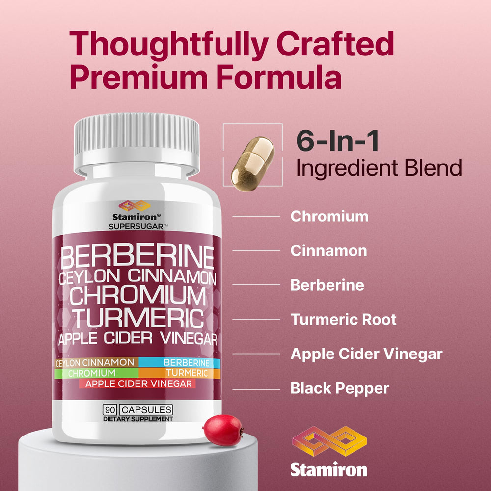 Stamiron Berberine Complex capsules displayed, illustrating a convenient 3-capsule daily serving.