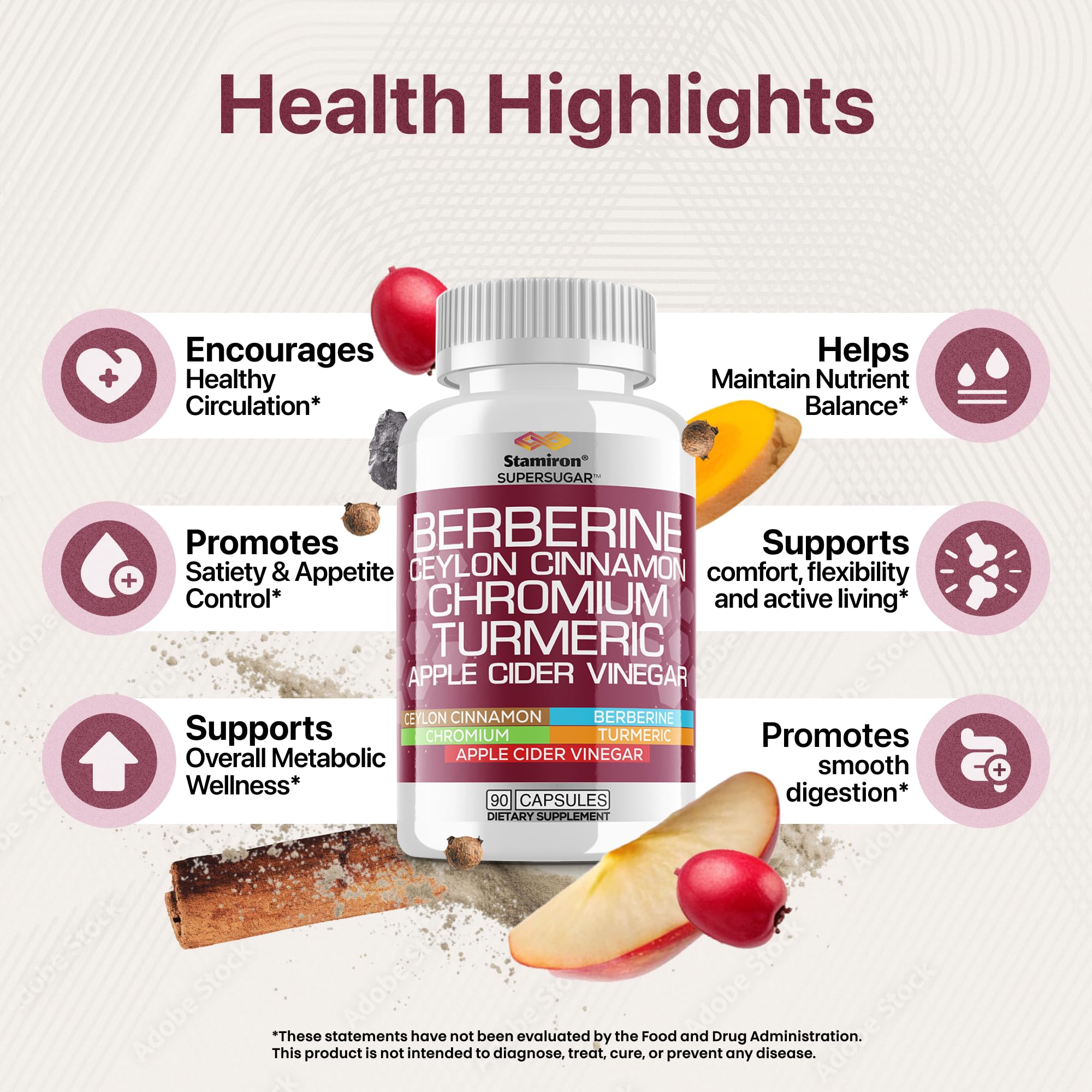 Stamiron Berberine Complex chromium picolinate detail, 1000 mcg per serving with black pepper.