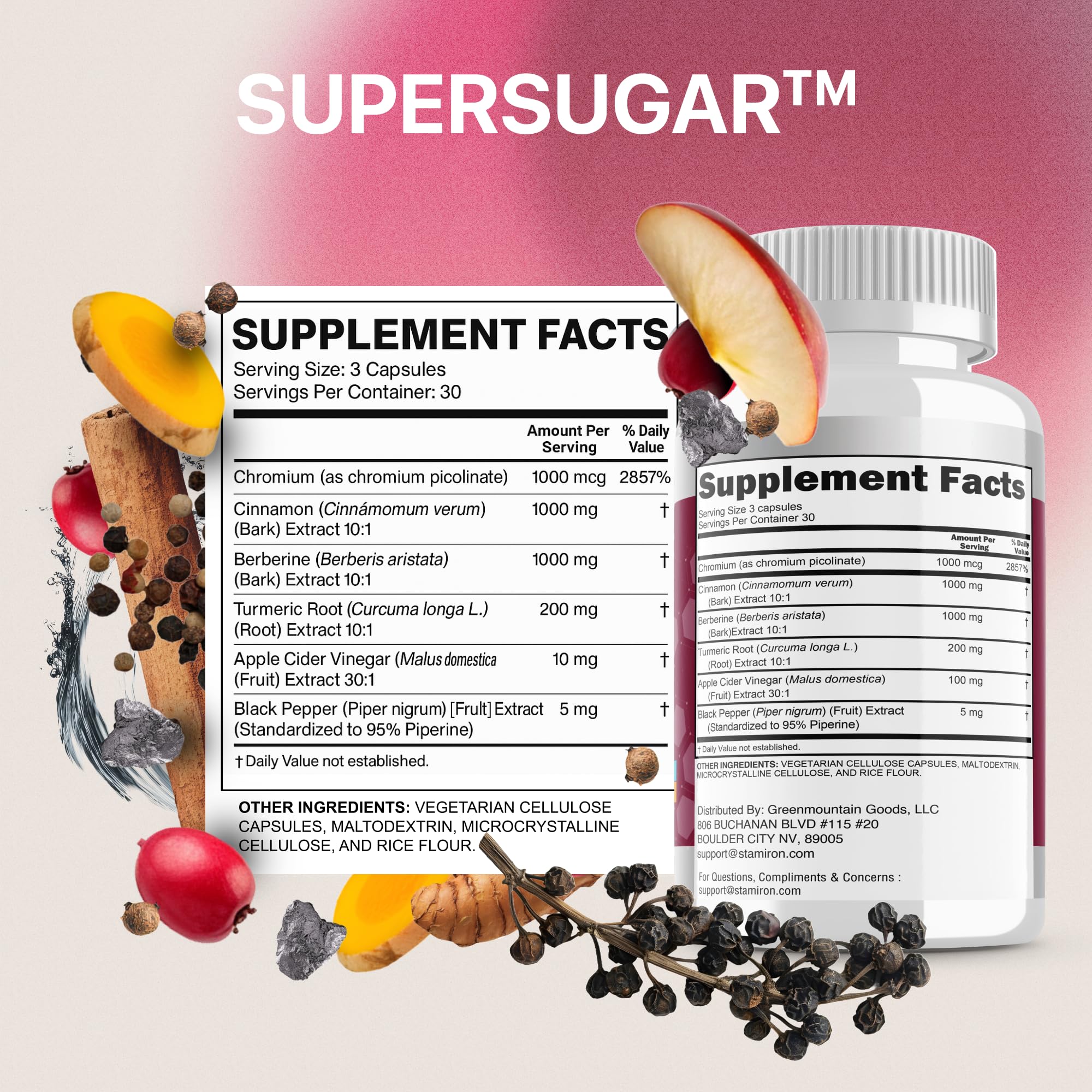 Stamiron Berberine Complex ingredients spread, highlighting berberine, cinnamon, and turmeric.