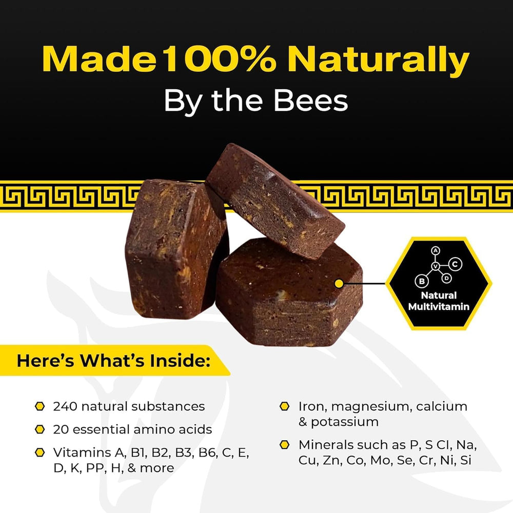 Graphic showing ingredients: bee bread, pollen, royal jelly, and propolis for a broad nutrient mix.