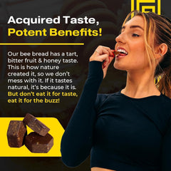 Close-up of the label emphasizing fermented bee bread and natural nutrition from The Stampede Network.