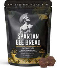 The Stampede Network Spartan Bee Bread Chewables packaging highlights raw organic formula for daily energy.