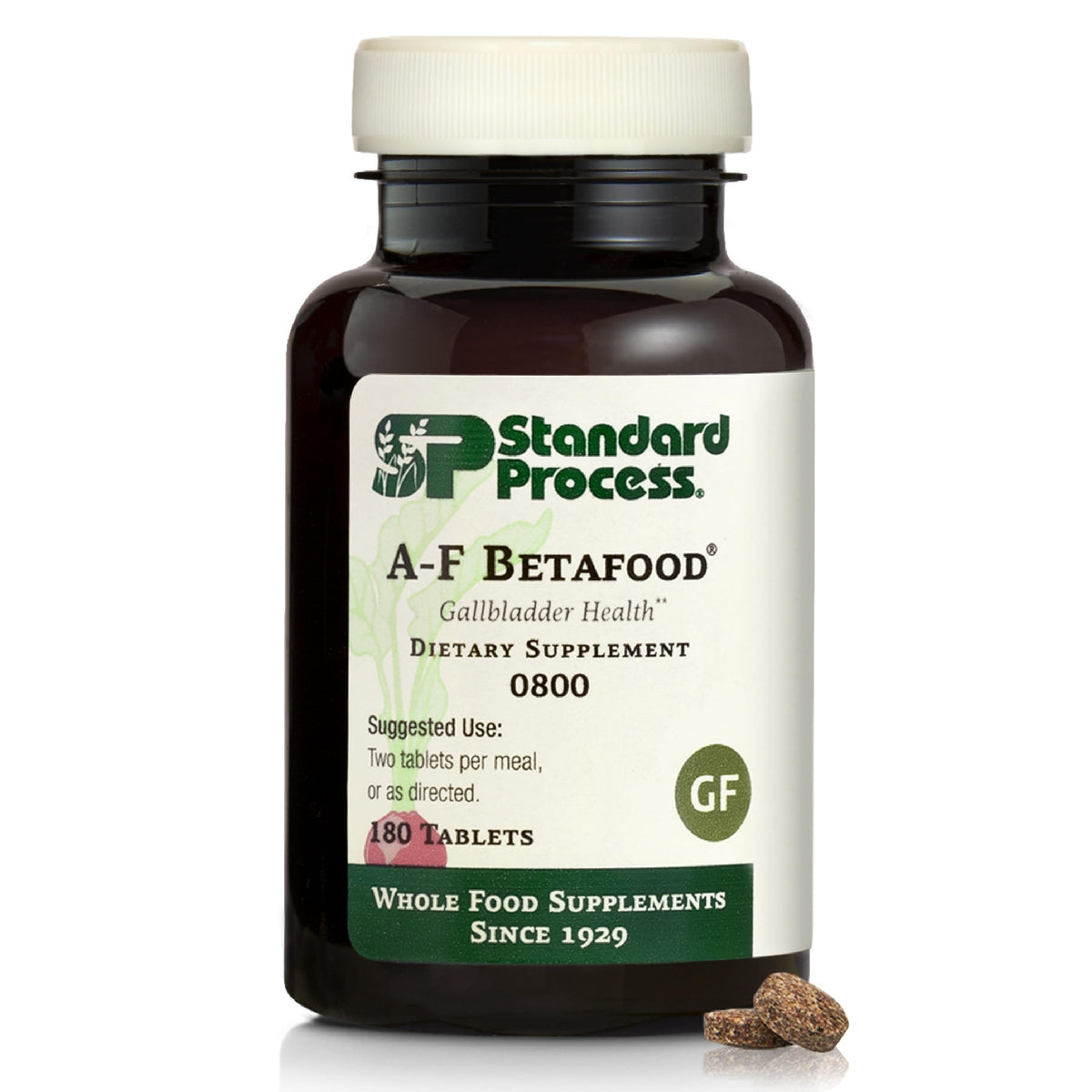 Standard Process A-F Betafood bottle front highlights packaging and gallbladder support