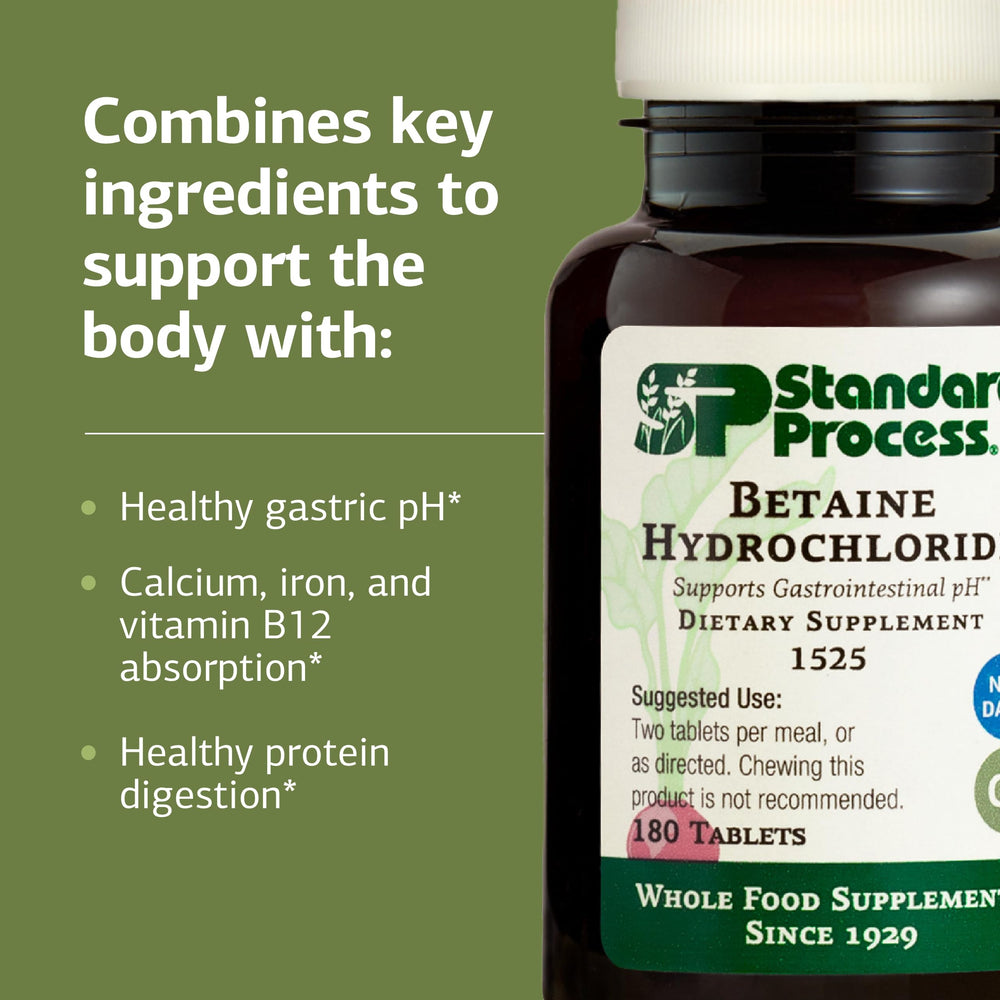 Betaine Hydrochloride in a digestion-scene suggesting protein digestion support