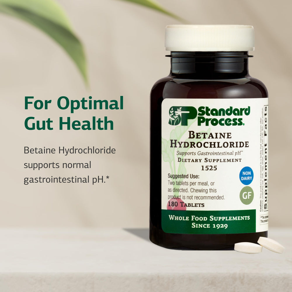 Label on Standard Process Betaine Hydrochloride indicating gluten-free compatibility