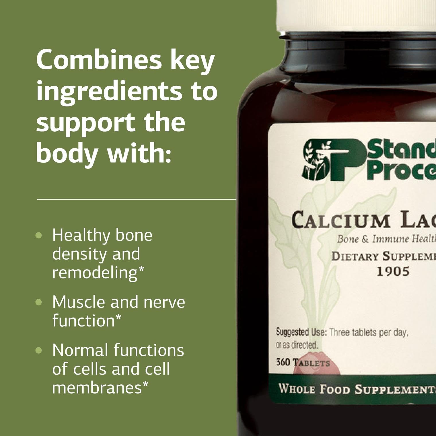 Standard Process Calcium Lactate nutrition label emphasizes calcium and magnesium content