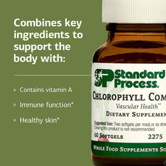 Standard Process Chlorophyll Complex label close-up highlighting gluten-free and non-dairy attributes.