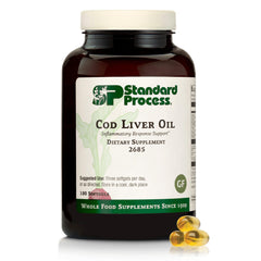 Standard Process Cod Liver Oil bottle—product packaging for skin and eye support.