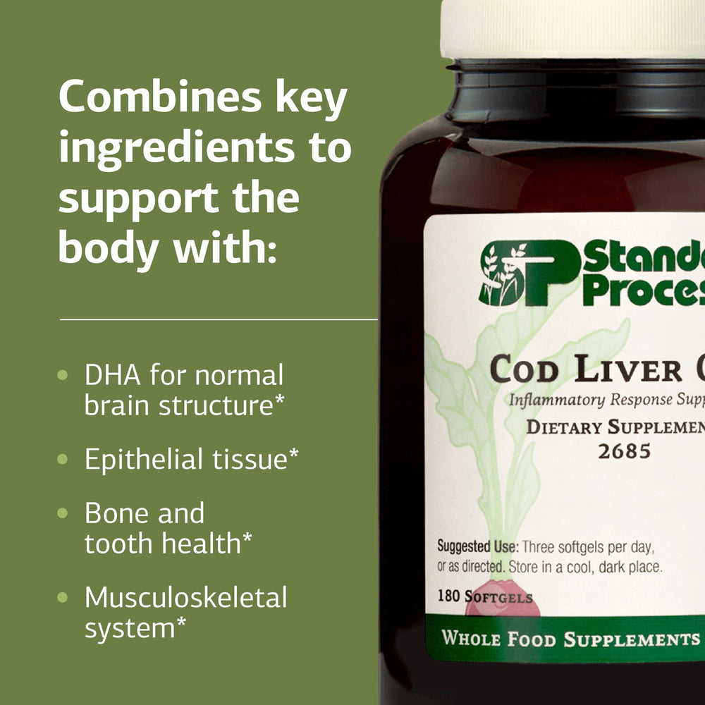 Standard Process Cod Liver Oil label close-up—emphasizes vitamin A and D content.