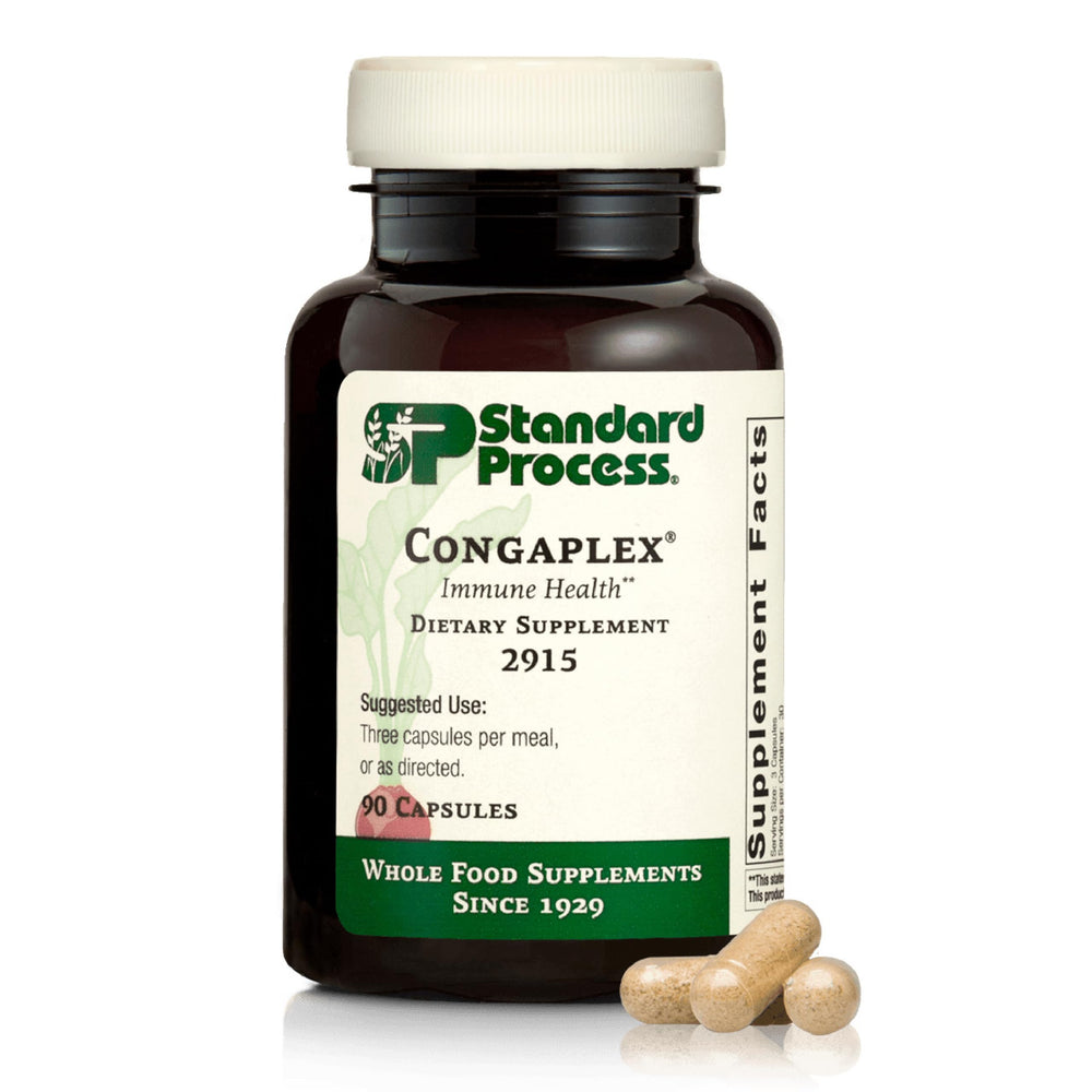Standard Process Congaplex bottle and capsules shown for thymus support and immune health.