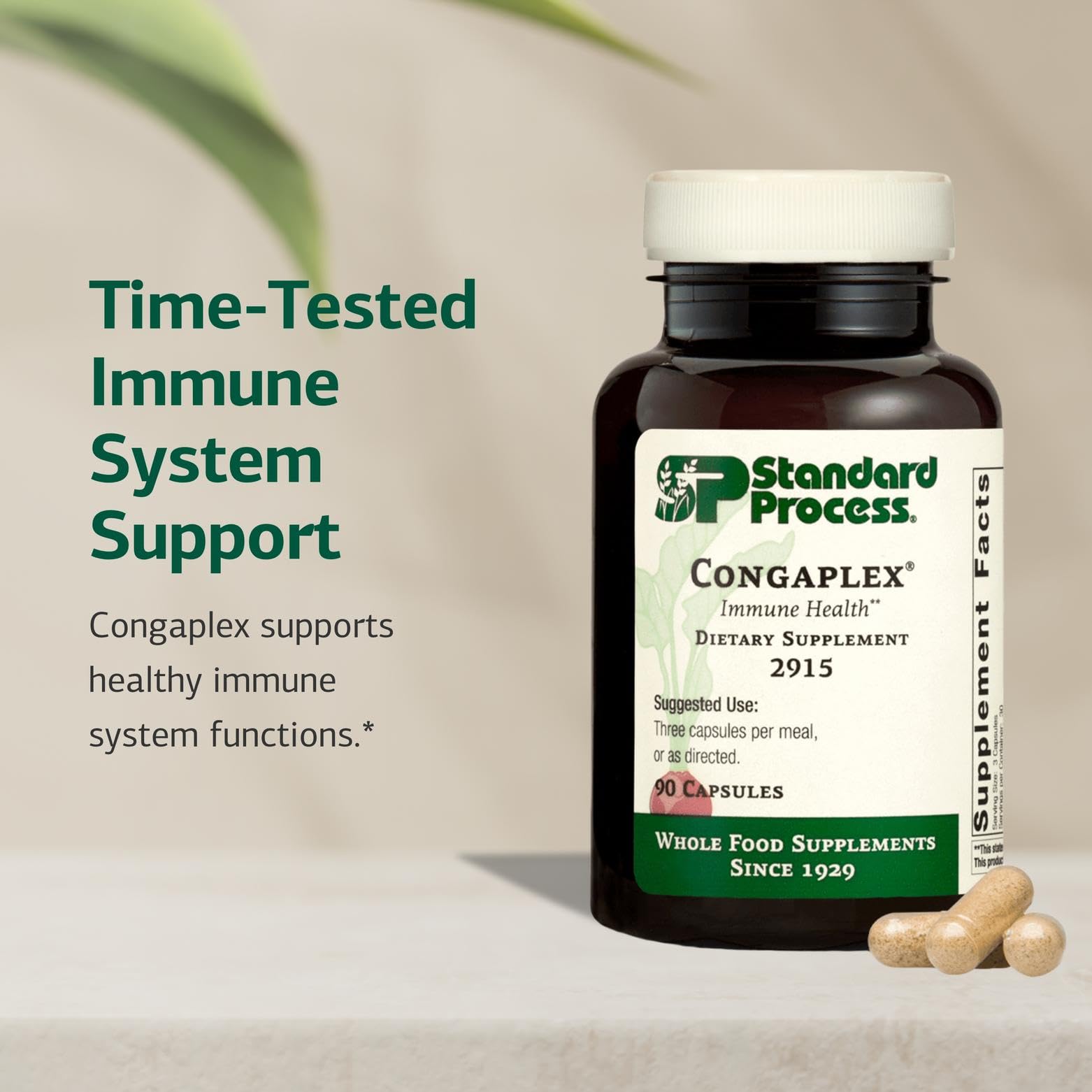Standard Process Congaplex capsules close-up emphasizing non-dairy, non-soy formula.