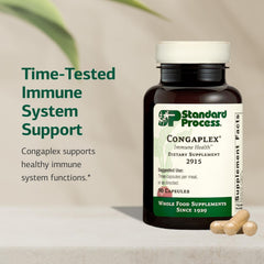 Standard Process Congaplex capsules close-up emphasizing non-dairy, non-soy formula.