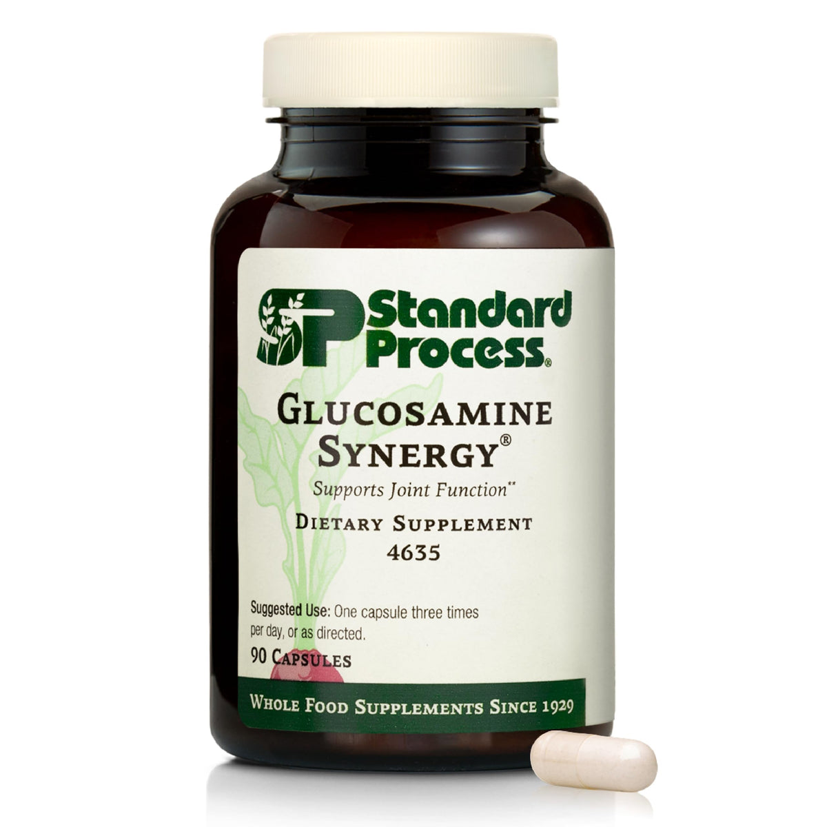 Standard Process Glucosamine Synergy bottle highlighting whole food ingredients for joint support