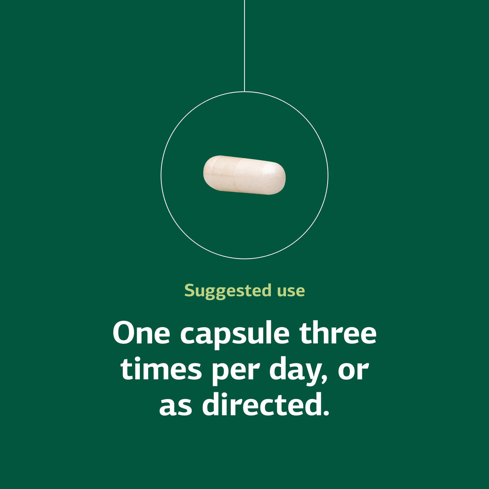 Dosage directions on bottle indicate three capsules per day