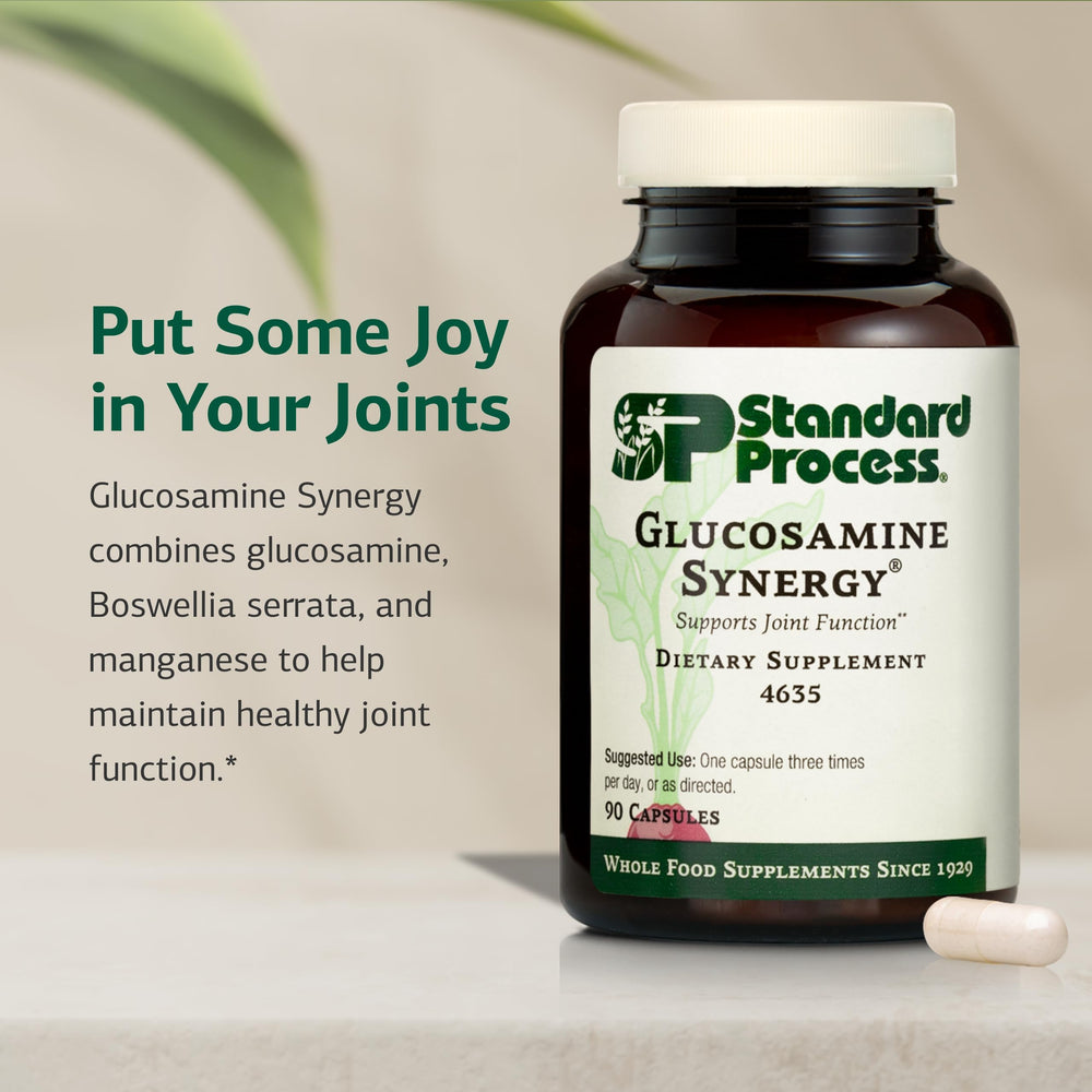 Label close-up of Glucosamine Synergy showing non-dairy and non-soy features