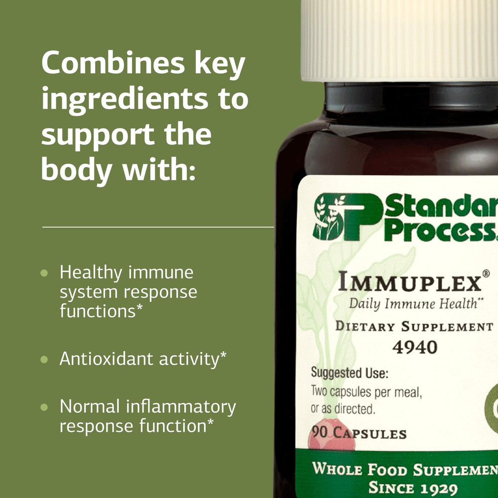 Nutrition label on Immuplex bottle highlighting minerals and vitamins.
