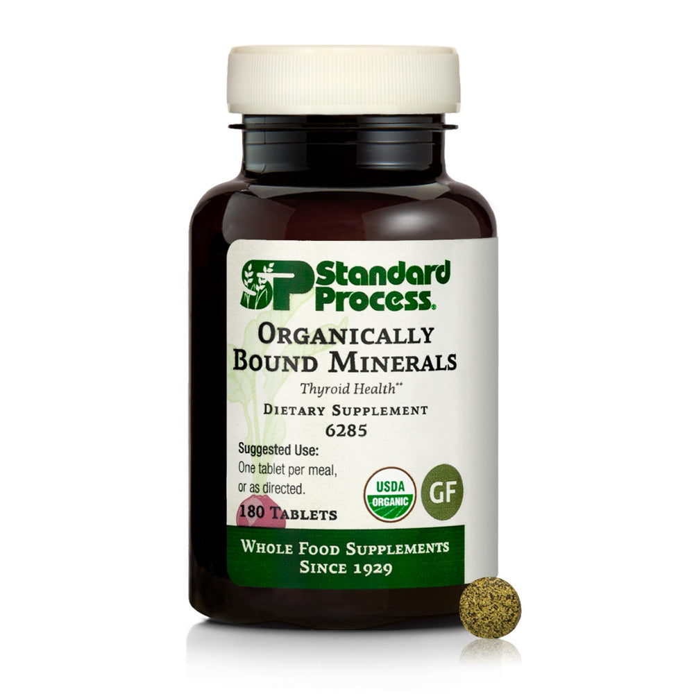 Standard Process Organically Bound Minerals bottle with 180 tablets for daily thyroid and nervous system support.