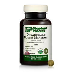 Standard Process Organically Bound Minerals bottle with 180 tablets for daily thyroid and nervous system support.