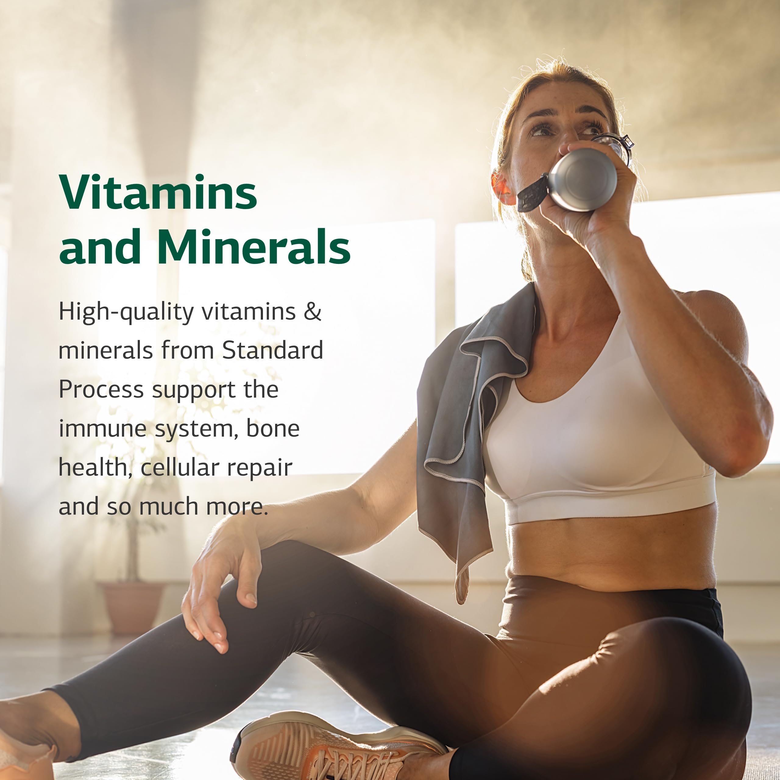 Morning routine scene featuring Standard Process Minerals bottle beside a glass of water.