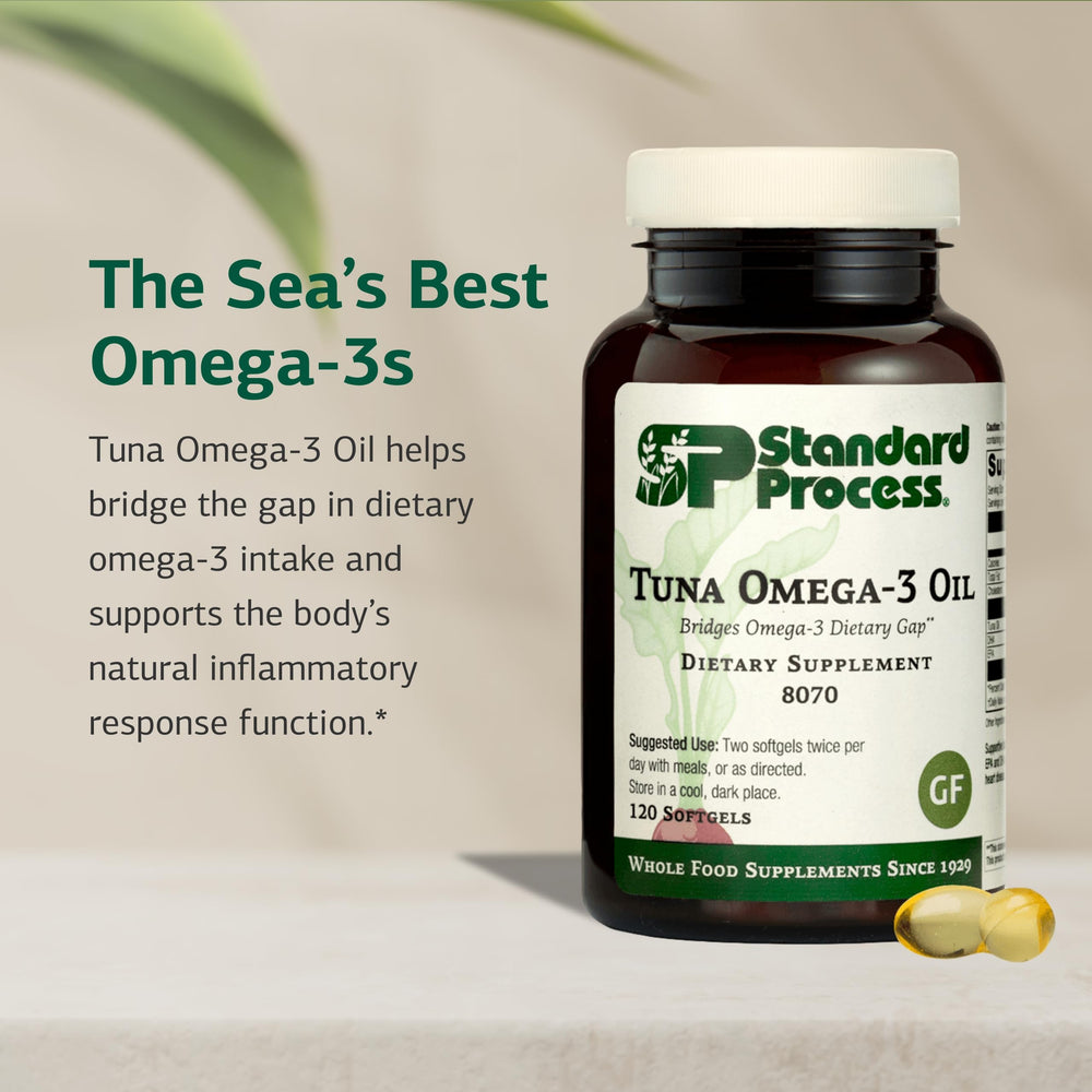 Standard Process Tuna Omega-3 Oil label provides clear nutrition details for informed choices.