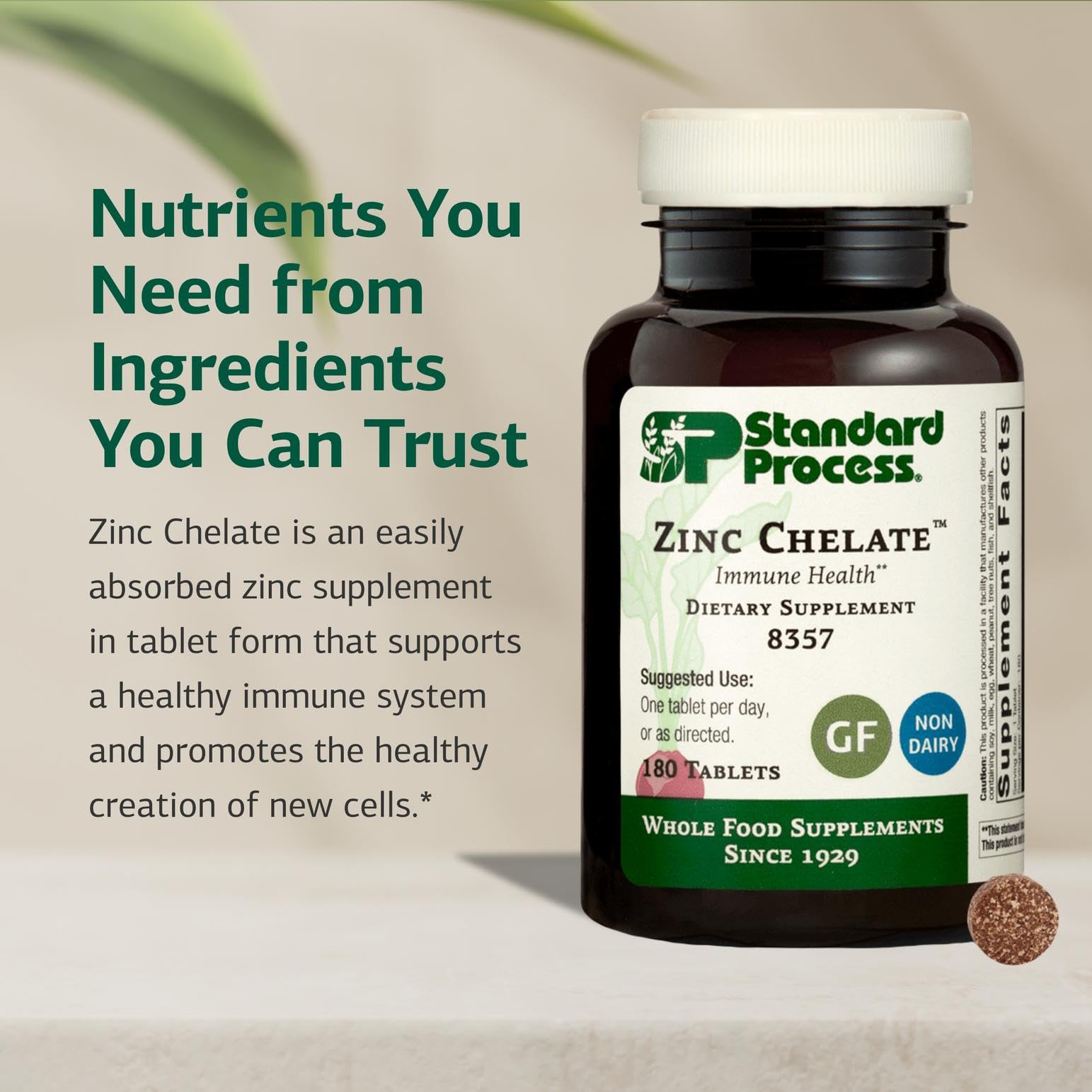 Standard Process Zinc Chelate bottle front emphasizes gluten free, dairy free, and soy free formulation.