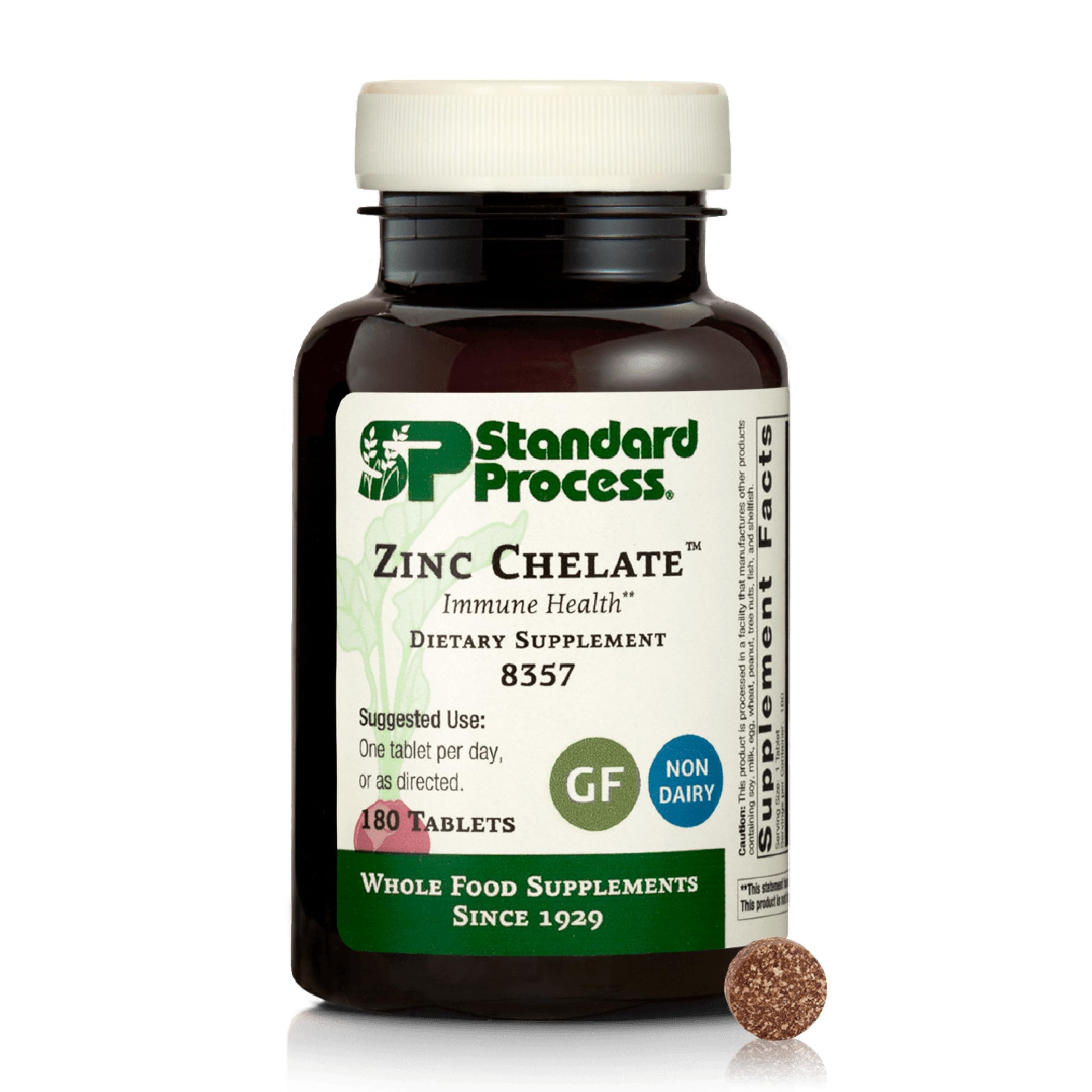 Standard Process Zinc Chelate bottle label highlights immune support potential.
