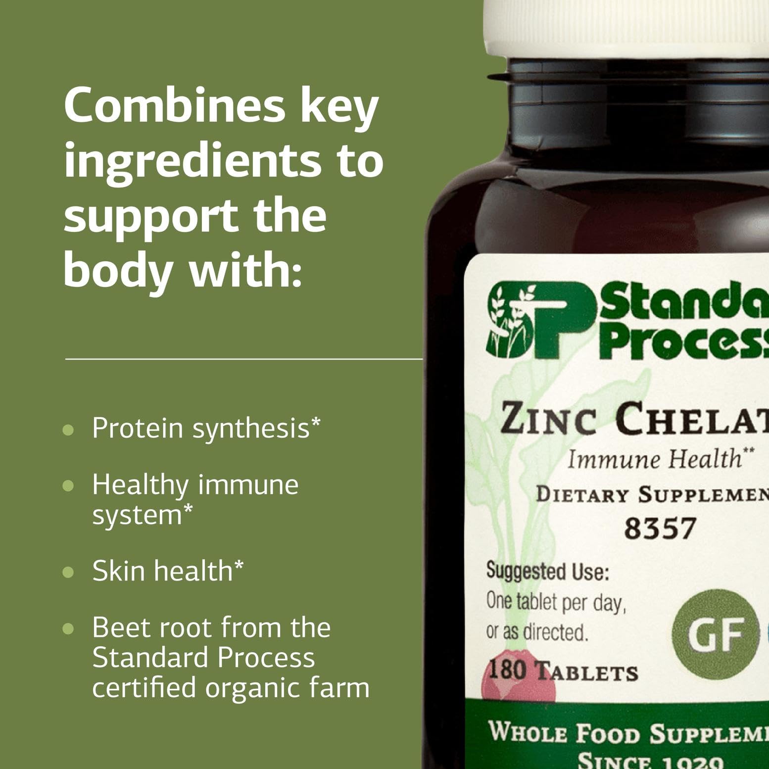 Standard Process Zinc Chelate dispensed tablets image hints at daily immune and skin health support.