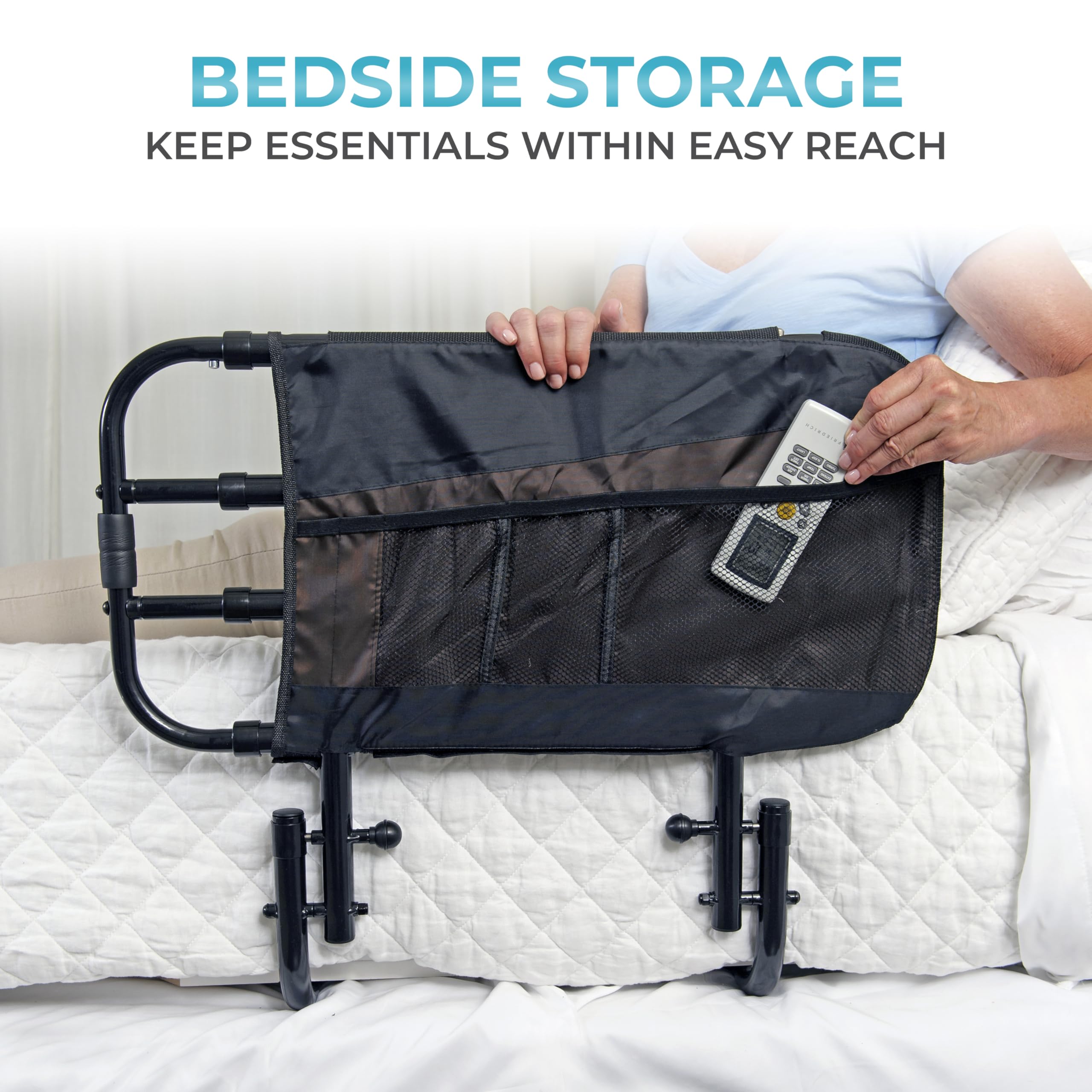 Stander EZ Adjust Bed Rail aids caregivers during bedding changes.