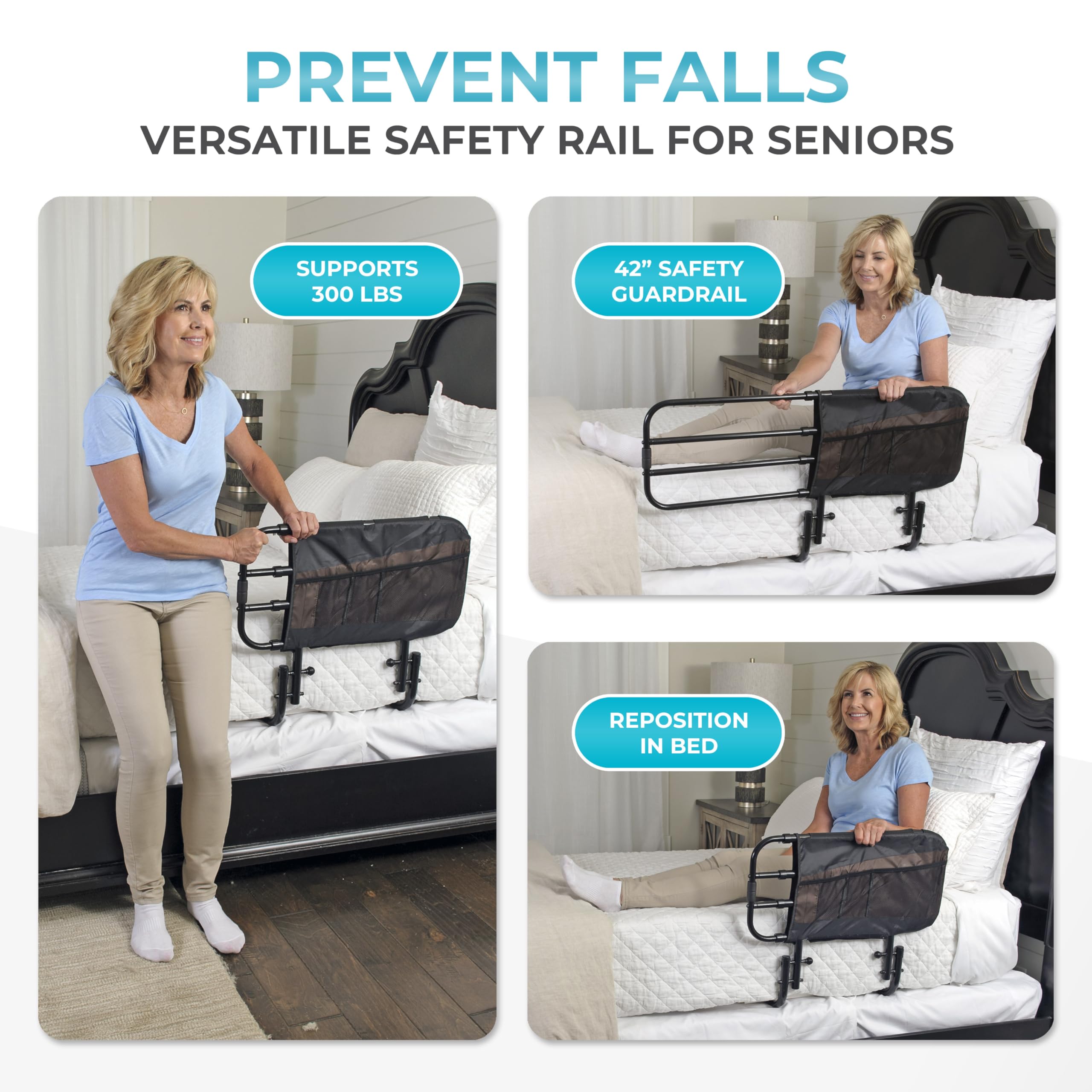 Stander EZ Adjust Bed Rail folded down for easy bedside access.