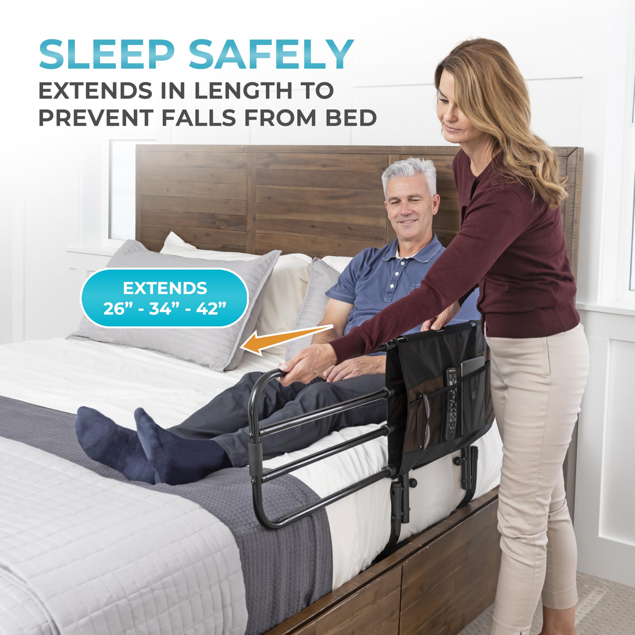Stander EZ Adjust Bed Rail installed on standard bed with 12–16 in mattress.